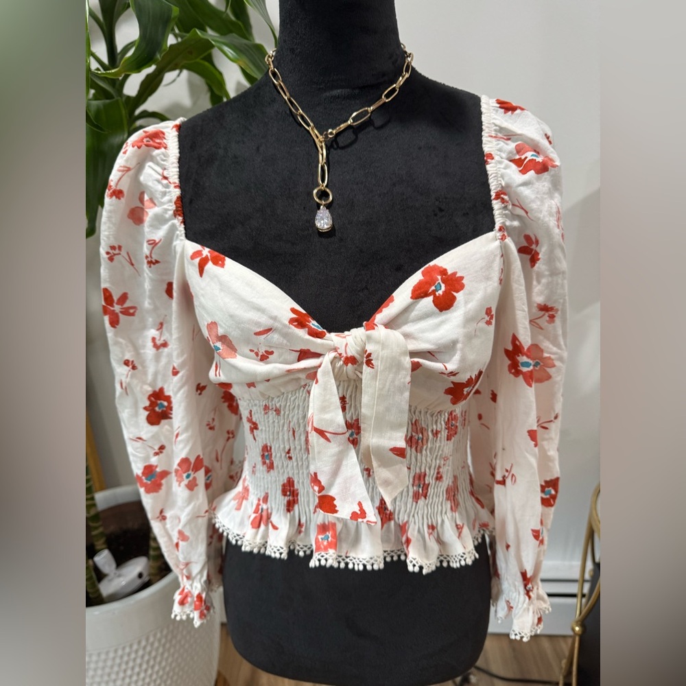 Zara White and Red Puff Sleeve Blouse with Tie Front